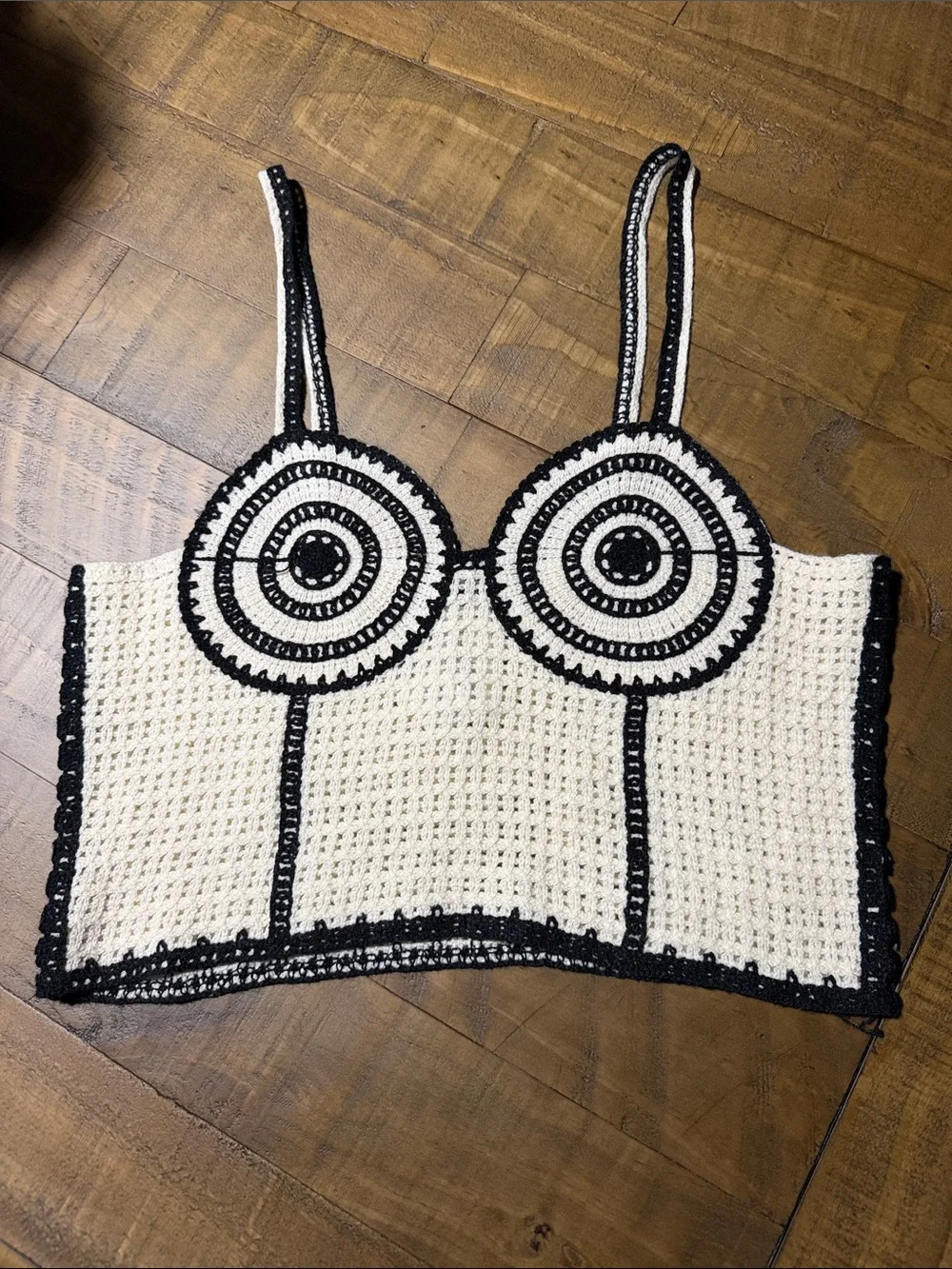 Zara Cream Crochet Top with Black Accents